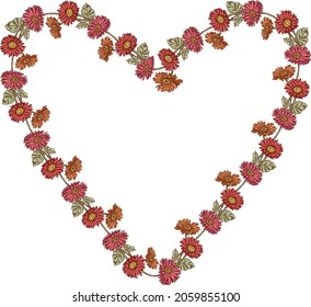 Imagen vectorial de la forma decorativa del corazón floral de gerberas rojas del jardín dibujado