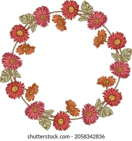 Imagen vectorial de la corona floral decorativa de gerberas rojas del jardín dibujado