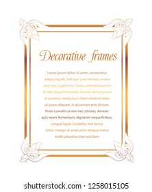 Vector image. Decorative gold frame. Elegant element for design template, place for text.Floral border.