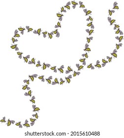 Vector image decorative heart shape from drawn flying yellow bees