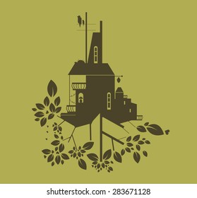 Vector image. Decorative illustration of ecology symbol, eco house. Green background
