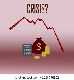 vector image of decreasing arrow with sack with dollar sign, stack of coins and calculator. Suitable for describing concept of financial crisis