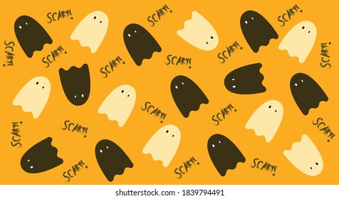 Vector image dedicated to Halloween. Little ghosts with an inscription on an orange background