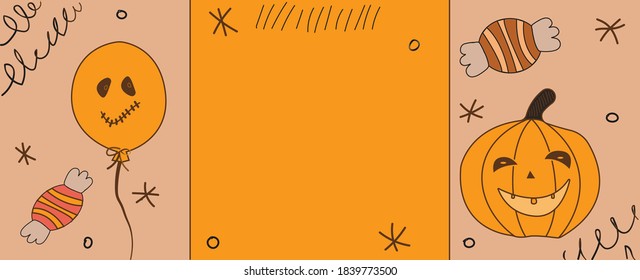 Vector image dedicated to Halloween. Pumpkin with a ball and candy on an orange background