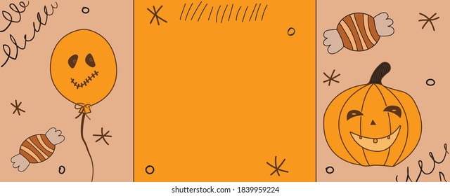 Vector image dedicated to Halloween. Pumpkin with a ball and candy on an orange background