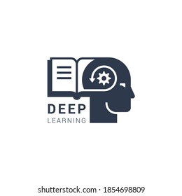 Vector image of deep learning can be both digital and modern methods of learning in the form of an isolated flat icon of a persons head with a book and a gear with the inscription deep learning. EPS