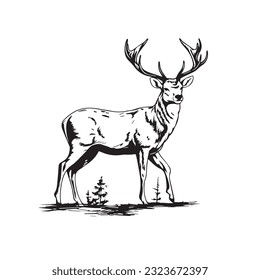 Vector image of an deer in cartoon, doodle style. Black and white. Logo, icon style