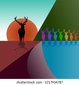 Vector image of deer in color. Landscape at dawn