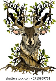 Vector image of a deer as a concept of a single whole nature and animals. Call for respect for wildlife. Environmental issues related to deforestation, fires and brokerage