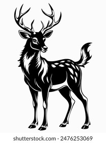 Vector image of an deer, doodle style. Black and white. Logo, icon style