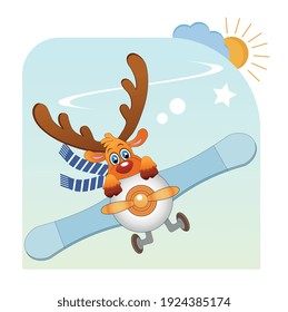 A vector image. A deer is flying on an airplane, the sky, the sun and the trace from the exhaust pipe (condensation) are in the background. Funny drawing in a flat style.