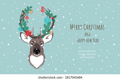 Vector image of a deer. The horns are decorated with decorative Christmas elements. Background for covers, banners, flyers, splash screens. Merry Christmas and Happy New Year.