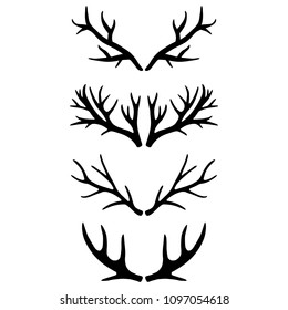 Vector image of deer horns on a light background. Black and white illustration.