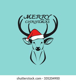Vector image of an deer and santa hats on blue background. Merry christmas