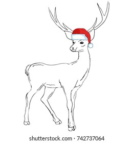 Vector image of an deer and santa hats on blue background. Merry christmas.