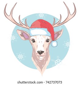 Vector image of an deer and santa hats on blue background. Merry christmas.
