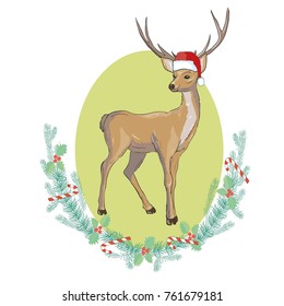 Vector image of an deer and santa hats on blue background. Merry christmas