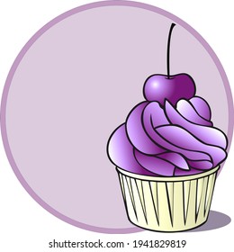 Vector image. Delicious cherry cupcake, place for text