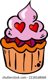 Vektorbild eines leckeren Cupcakes mit rosafarbener Creme und Herzen. Valentinstag Farbe Freehe und Doodle. EPS10