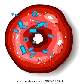Imagen vectorial de un delicioso donut rojo casero en rocillas multicolores y azúcar en polvo