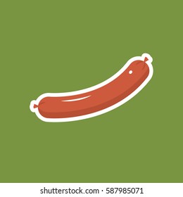 Vector image of a delicious sausage in a white outline on a green background.