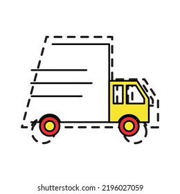 vector image, delivery icon in red with yellow with dotted border.