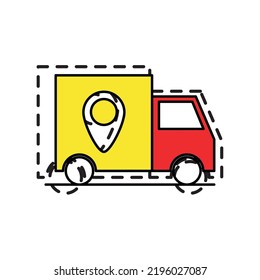 vector image, delivery icon in red with yellow with dotted border.