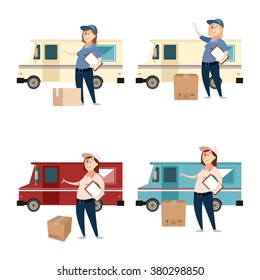 Vector image of a delivery woman with boxes and cars