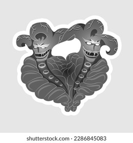 Vector image of a demon jester Siamese twins. This can be used as a game element, avatar, icon, tattoo, etc.