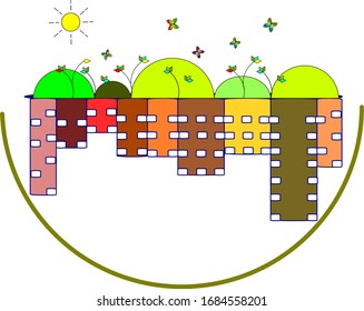 A vector image depicting the concept of balance between nature and urbanisation on planet earth. Nature versus urban icon.
