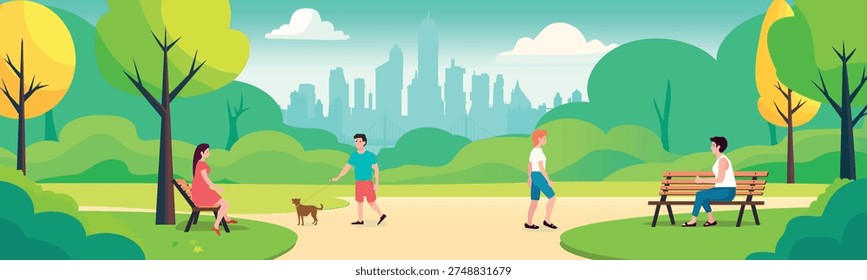 A vector image depicting a cozy park on the riverbank. In the background, there is a city silhouette with an arched bridge. The lush foliage trees, neat paths, and green lawns create a harmonious atmosphere. In the foreground, people are enjoying a walk: a man with a dog approaches a woman sitting on a bench, and another woman is heading towards her companion. The illustration style is clean and precise, suitable for use in print and digital media (banners, posters, social media, and postcards).