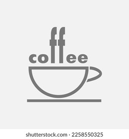 vector image depicting a cup of coffee in the form of a logo in neutral gray shades for the design of signs, icons, coffee outlets