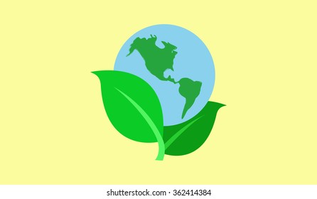 Vector image depicting the earth in the middle of two green leaves