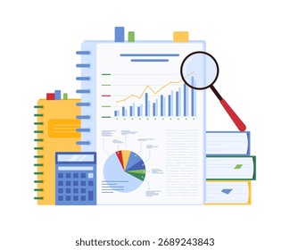 Vector image depicting financial audit, emphasizing data analysis and reporting. Ideal for finance and business themes.