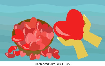 Vector image depicting a heart selected from a basket full of them