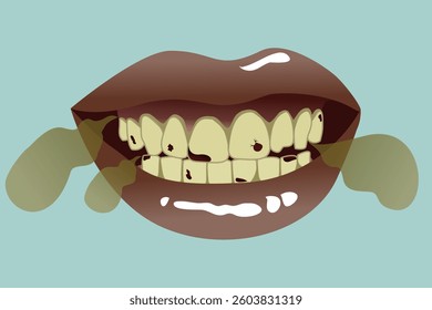 Vector Image Depicting Poor Oral Hygiene: Yellow Teeth with Cavities, Tartar Accumulation, and Halitosis – Suitable for Educational Content on Dental Care