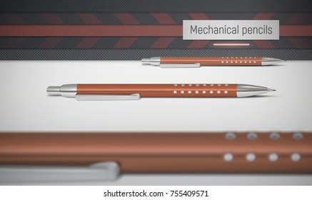 A vector image depicting realistic mechanical pencils in red color. In the foreground lies a blurry out-of-focus mechanical pencil. Background is abstract.