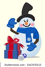 Vector image depicting snowman, Christmas balls and gift boxes on light background. Concept of festive winter decorations. Christmas and New Year images.