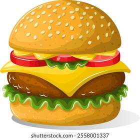 The vector image depicts a detailed and colorful hamburger with a sesame seed bun, lettuce, tomato slices, cheese, and a beef patty, showcasing a classic and appetizing fast food item