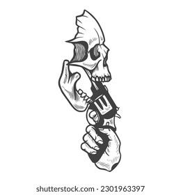  La imagen vectorial representa un cráneo con una pistola colocada dentro de su boca. El cráneo se representa con contornos delineados, dándole una apariencia abstracta. 