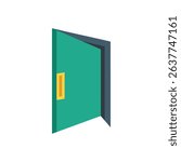 A vector image depicts a slightly opened green door with a rectangular yellow handle. The doorframe is a dark blue color. Interior design icon.