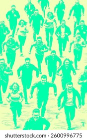 Vector image depicts a stylized illustration of a large group of people energetically running forward, rendered in bold contrasting colors