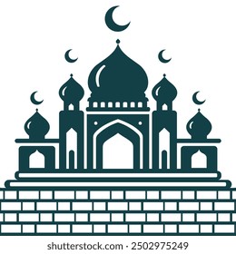 The vector image depicts a stylized mosque or old Mughal's mahals with crescent moons atop its minarets, showcasing traditional Islamic architecture. design can be used for poster or card design