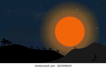 vector image of a desert panorama at night