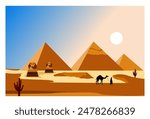 vector image of a desert and a pyramid in the center complete with a sphinx statue. background of blue sky, sun, camel herder, cactus tree.