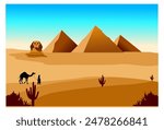 vector image of a desert and a pyramid in the center complete with a sphinx statue. background of blue sky, sun, camel herder, cactus tree.