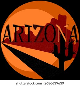 Vector Imagen del desierto al atardecer con texto "Arizona" para imprimir.