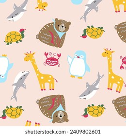 vector image design childish, cute animal, happy, background, bear, penguin , shark, turtle, giraffe