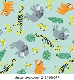 vector image design childish, elephant, lion, leaf, flower, background
