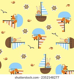 vector image design fun and happy animal vacation, beach, boat, ocean